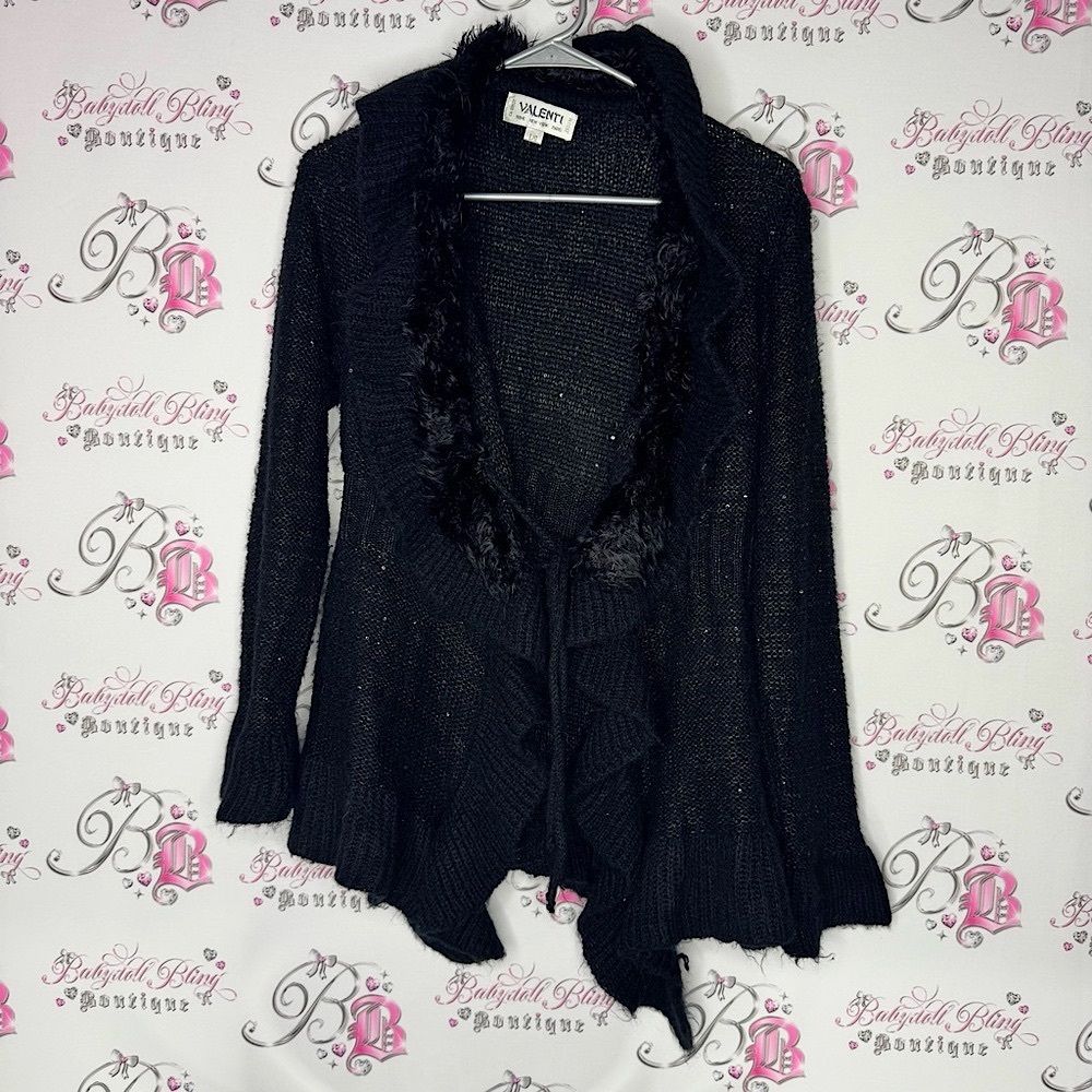 Valenti cardigan sequins sparkly furry fur neckline tie up Black Women's Sweater